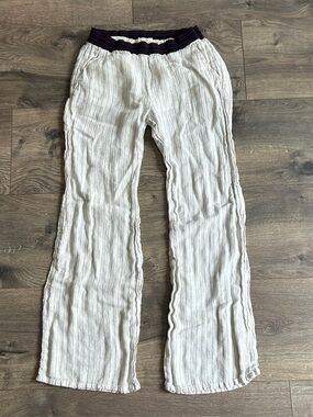 Diega Lightweight Cream Pants with Navy Stripe Waistband